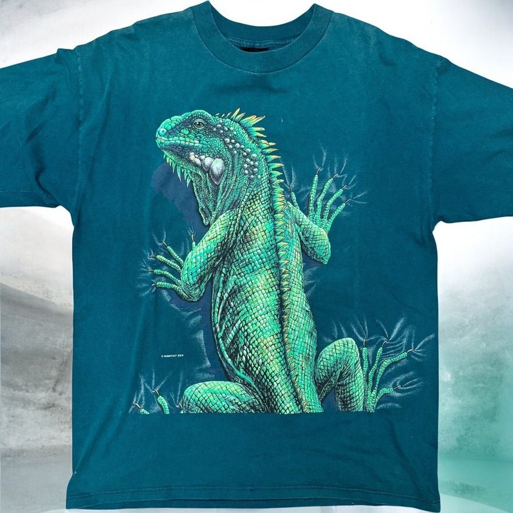 Vintage 1995 Habitat T-Shirt XL Iguana Lizard Double Sided Graphic AOP Nature